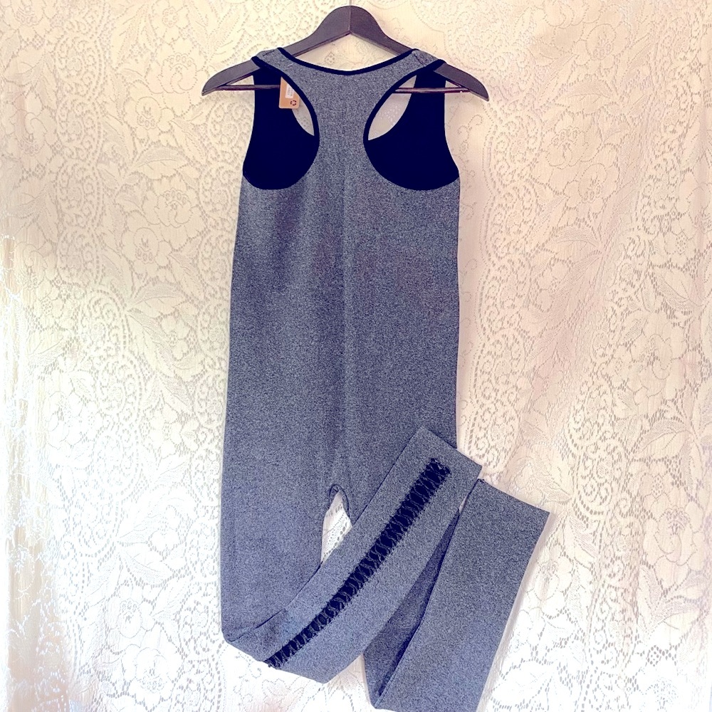 Charcoal Gray And Black Racerback Stretchy Athleisure Workout Bodysuit